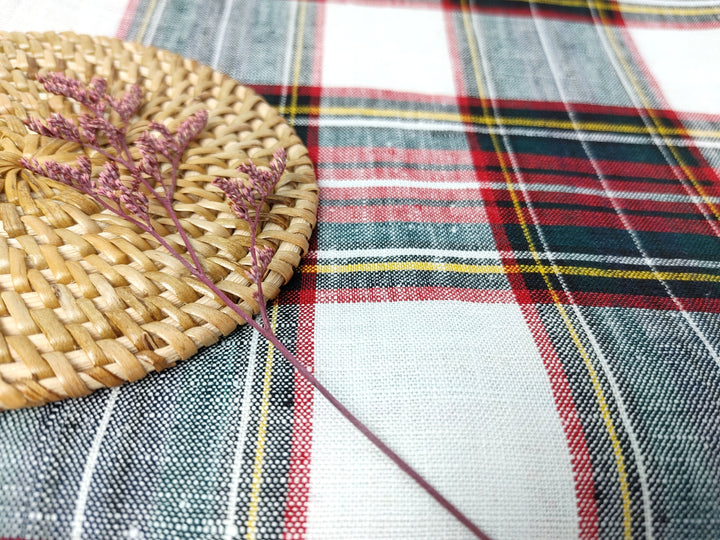 100% Linen Red Black Plaid Fabric Medium Weight 7758