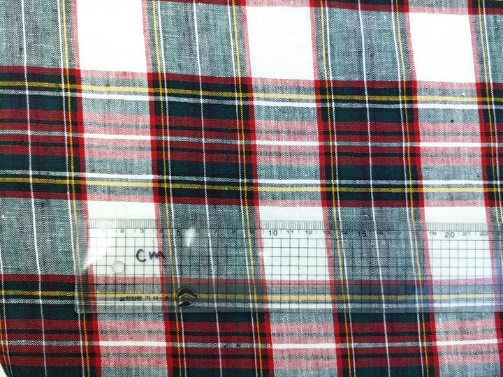 100% Linen Red Black Plaid Fabric Medium Weight 7758
