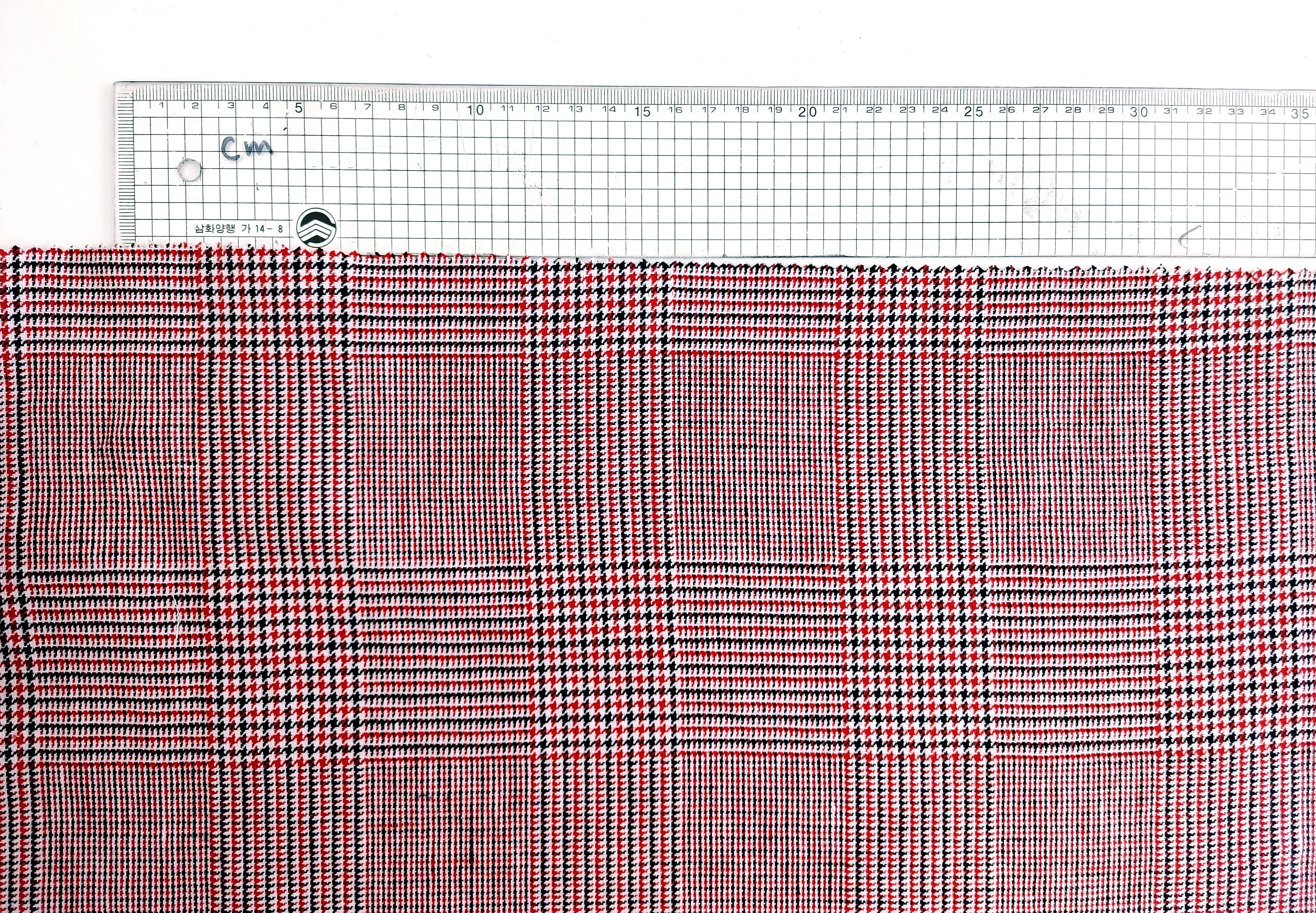 Tricolor Symphony: Linen Cotton Twill Glen Plaid Fabric in Medium Weight – White, Red, and Black 6759