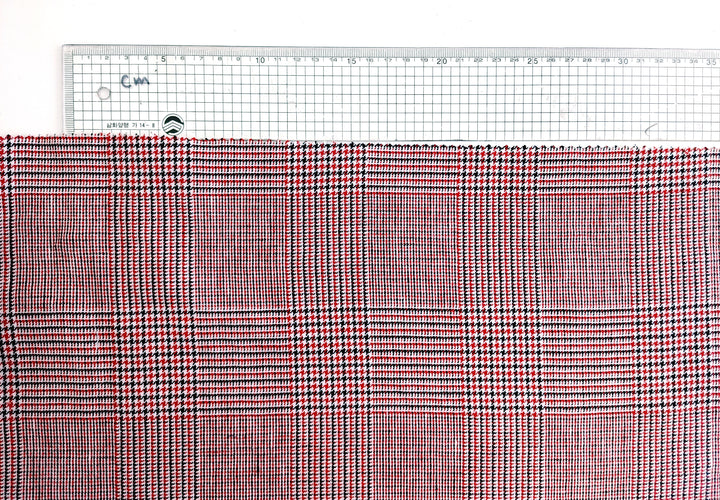 Tricolor Symphony: Linen Cotton Twill Glen Plaid Fabric in Medium Weight – White, Red, and Black 6759