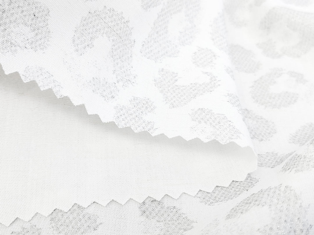 Silver Leopard: White Linen Rayon Fabric with Silver Foil Print 3668 2926