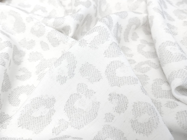 Silver Leopard: White Linen Rayon Fabric with Silver Foil Print 3668 2926