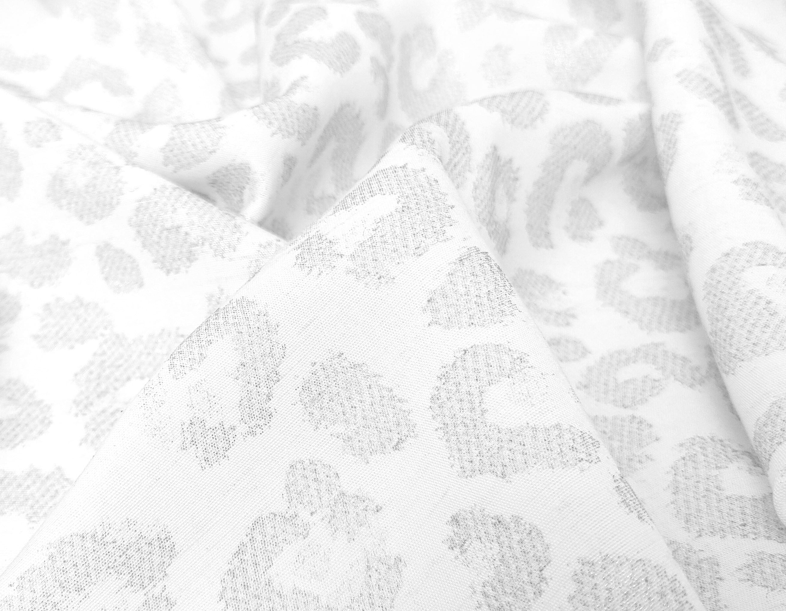 Silver Leopard: White Linen Rayon Fabric with Silver Foil Print 3668 2926