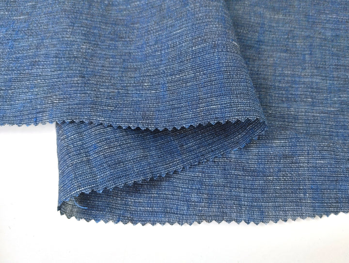 100% Linen Fabric in Dark Blue with Subtle Grey Melange Horizontal Stripes 7919