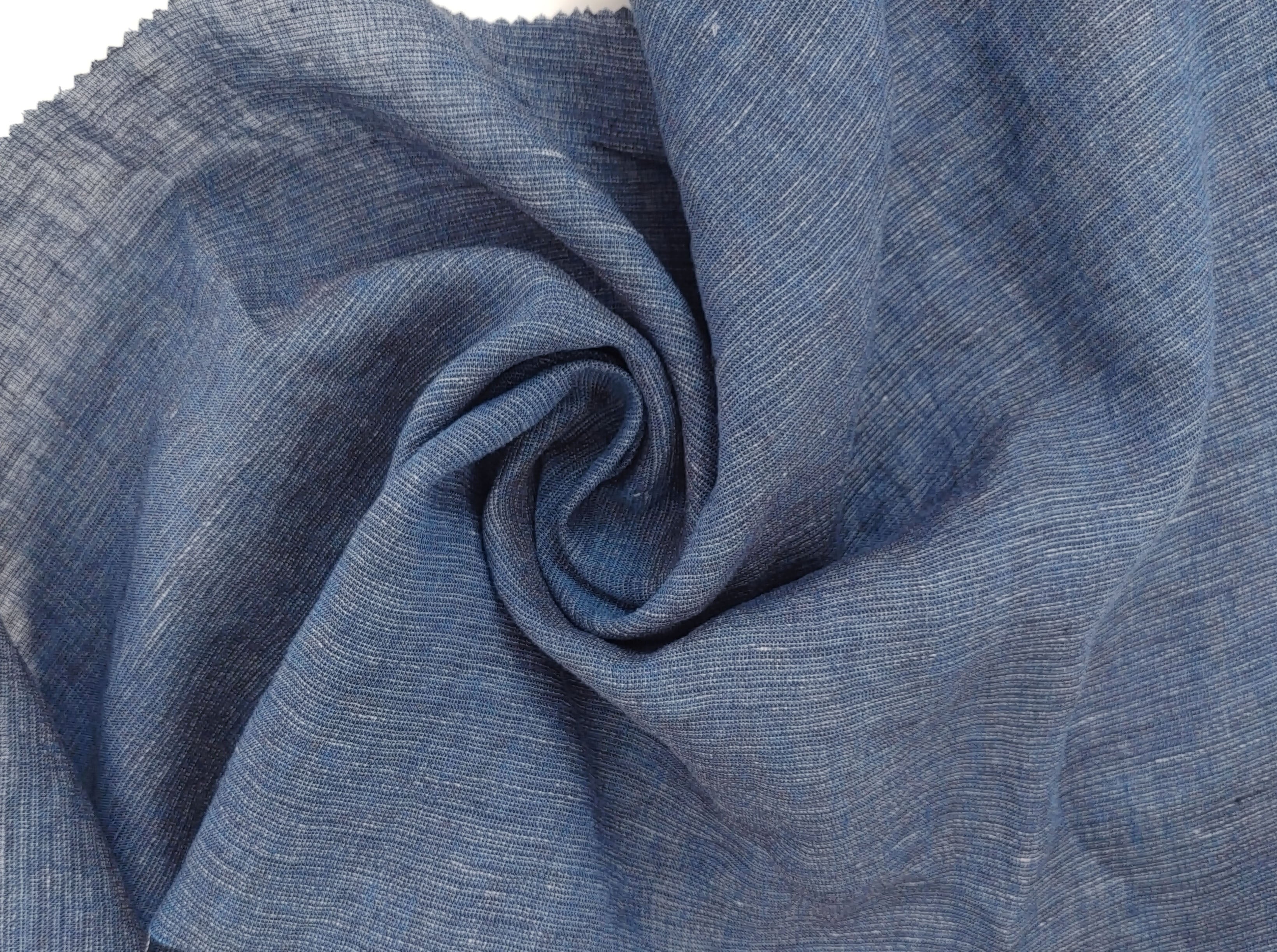 100% Linen Fabric in Dark Blue with Subtle Grey Melange Horizontal Stripes 7919