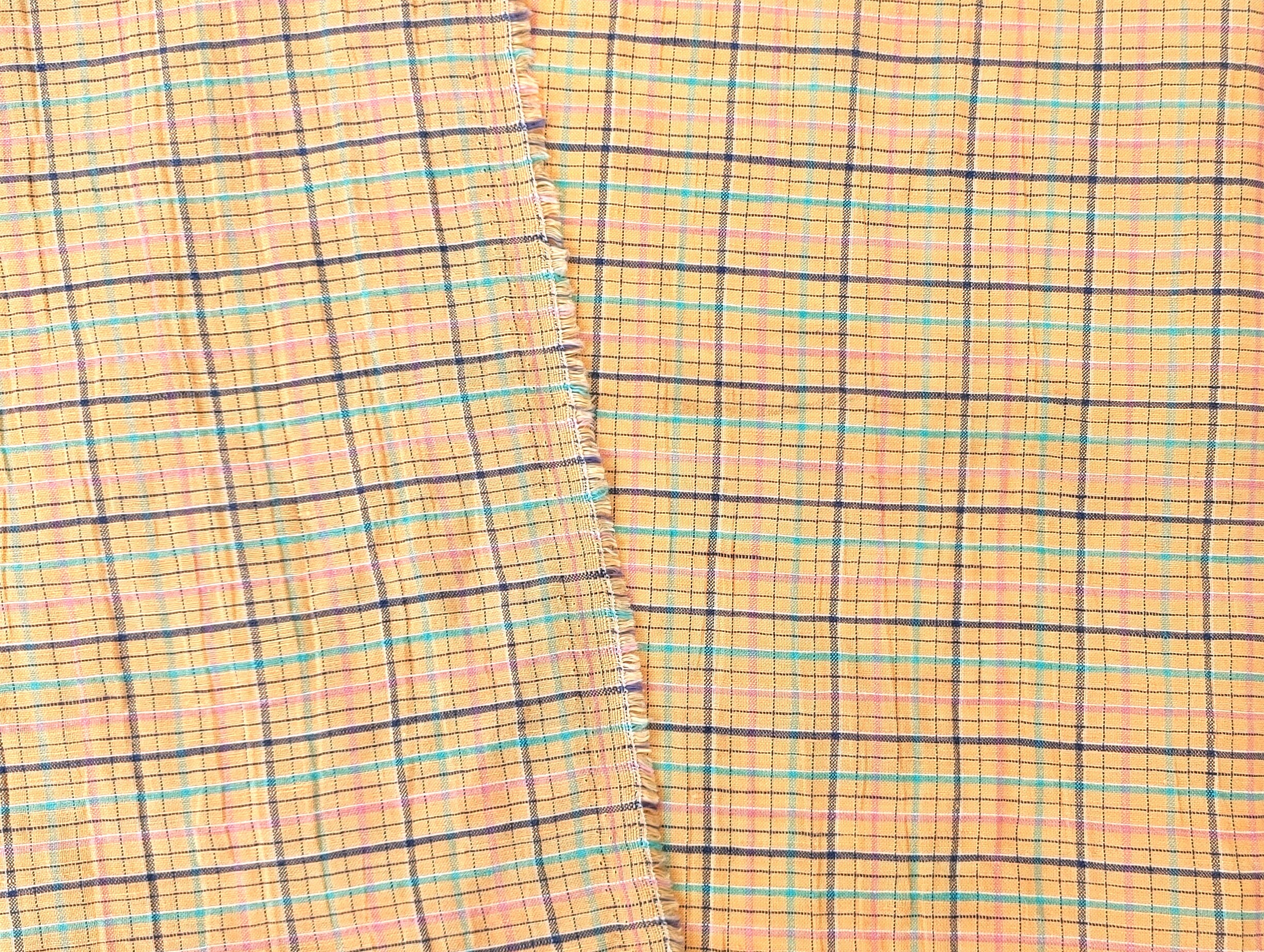 Orange Plaid Linen Blend Fabric with Wrinkle Texture 474