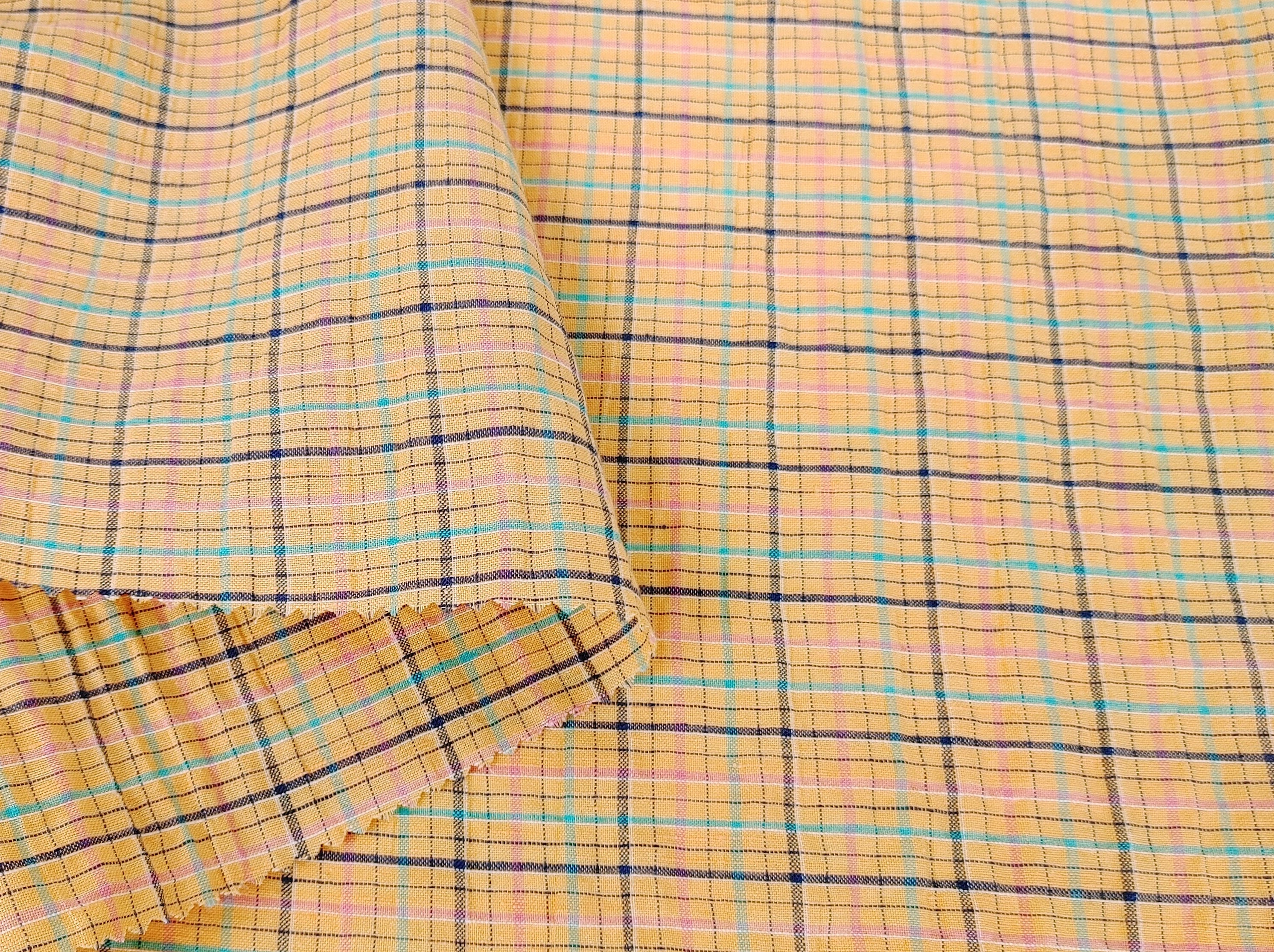 Orange Plaid Linen Blend Fabric with Wrinkle Texture 474