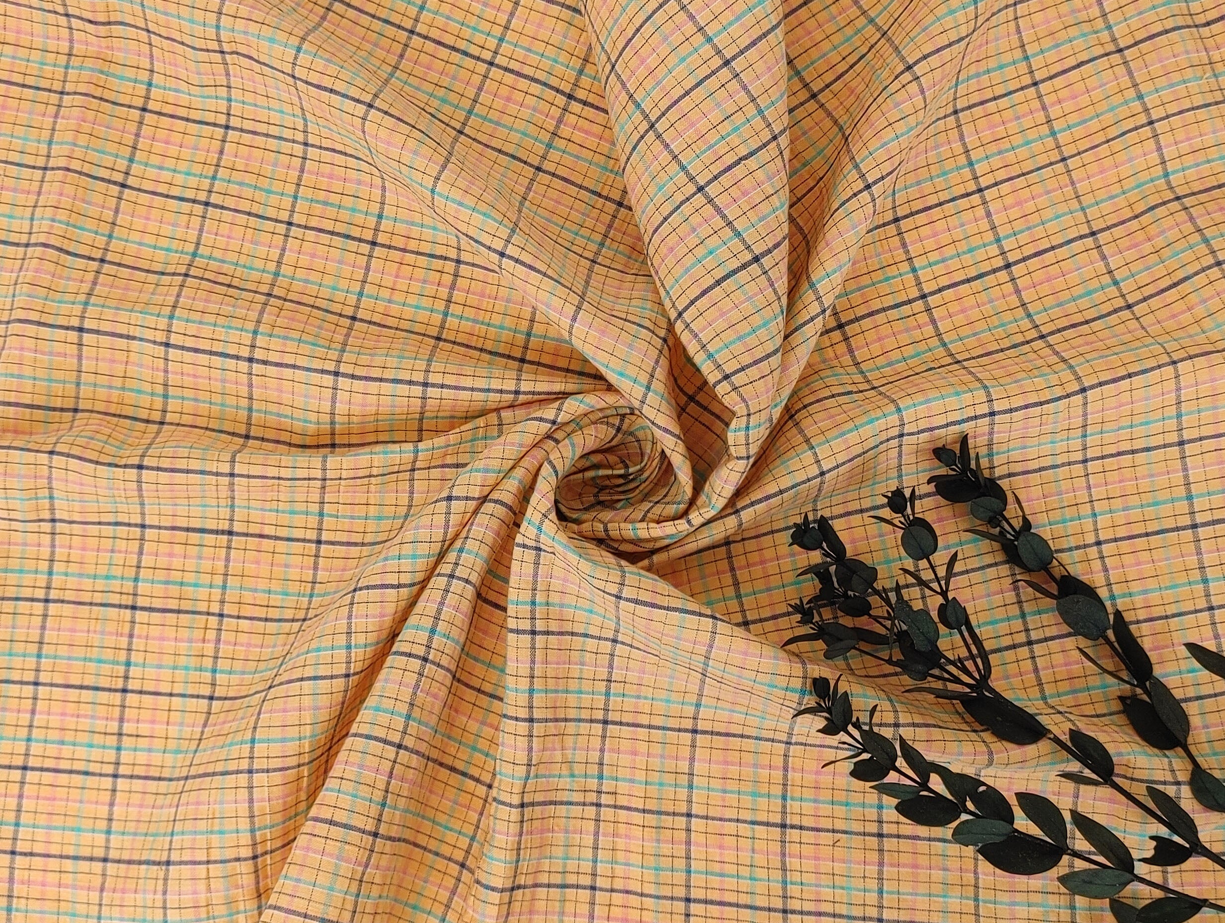 Orange Plaid Linen Blend Fabric with Wrinkle Texture 474