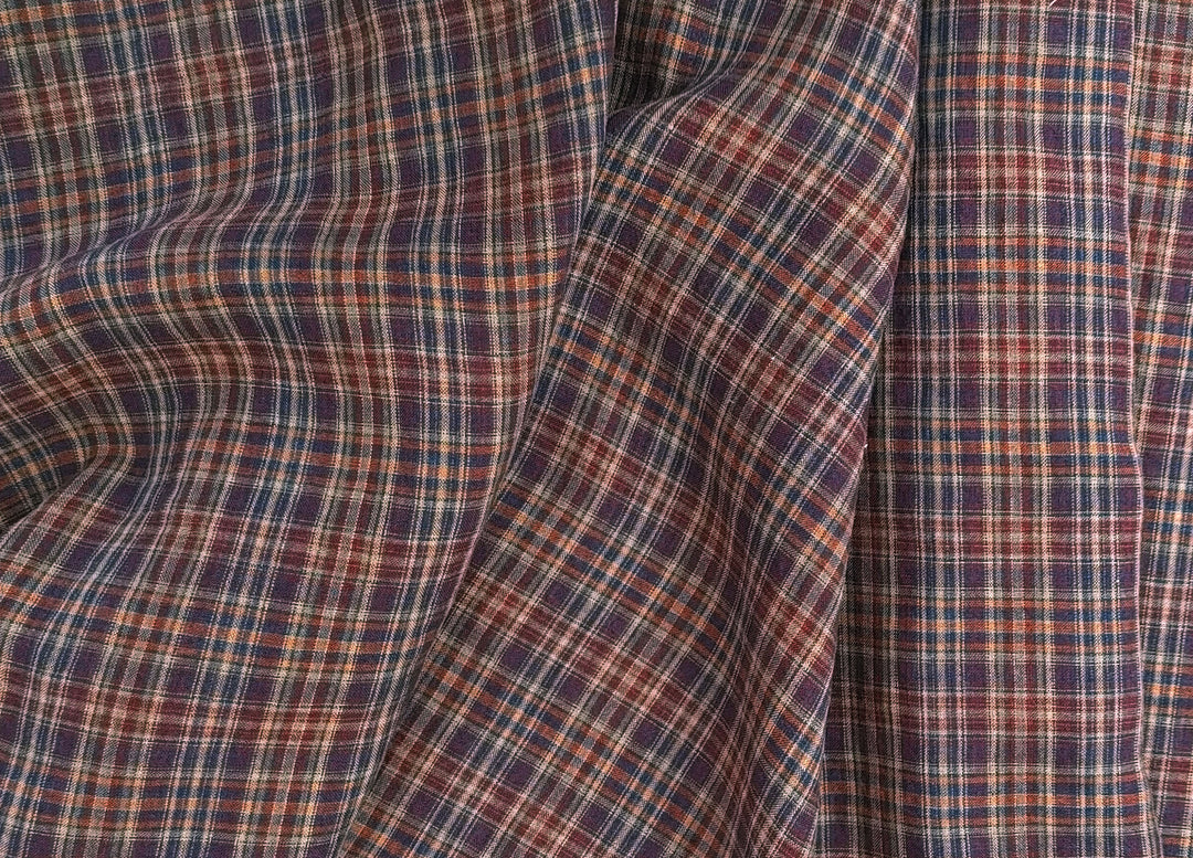 Deep Red Plaid Linen – 100% Linen Fabric, Medium Weight 7082
