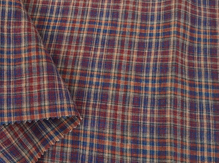 Deep Red Plaid Linen – 100% Linen Fabric, Medium Weight 7082