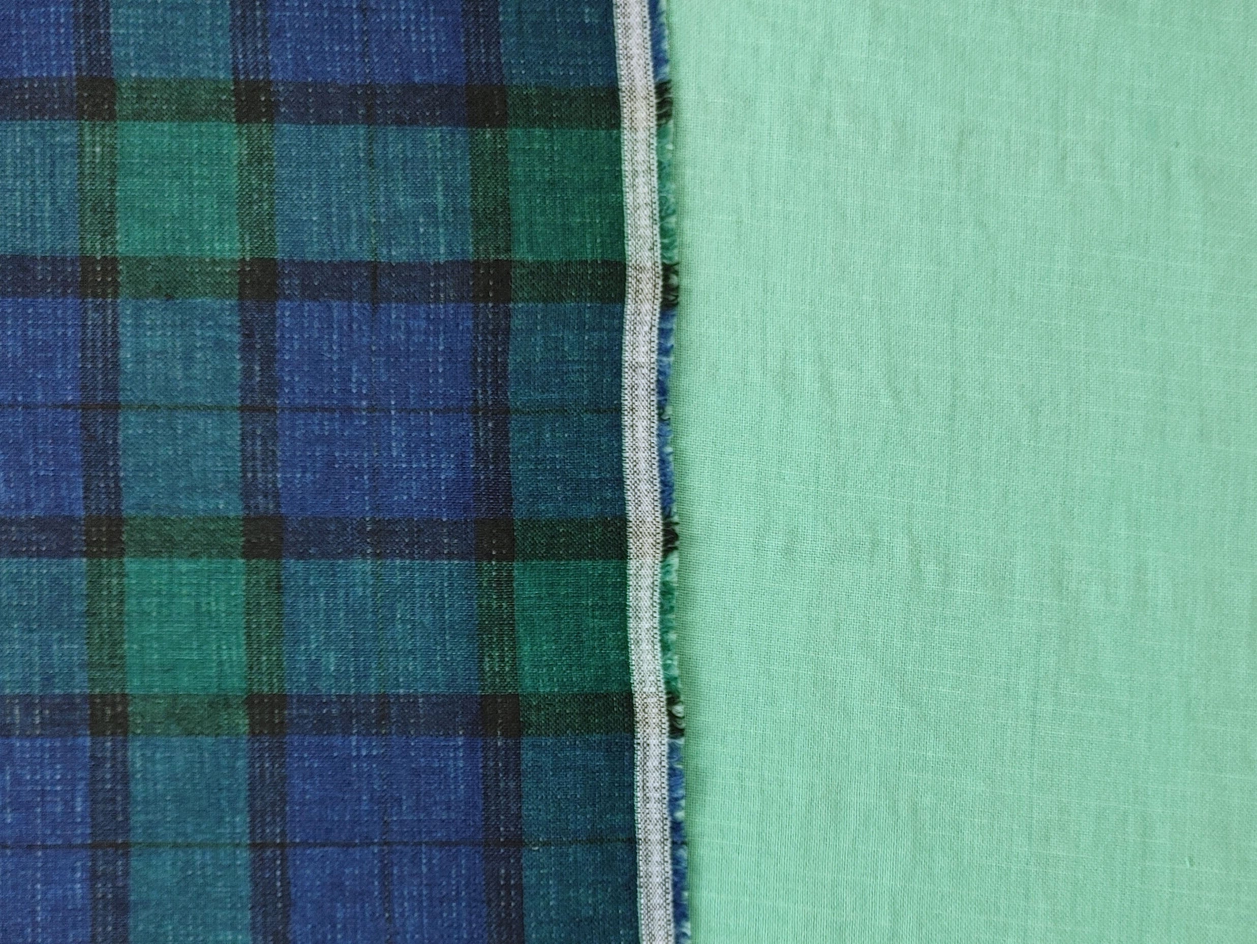 Unique Double-Face Linen-Cotton Fabric – Green Plaid with Light Green Reverse 7558