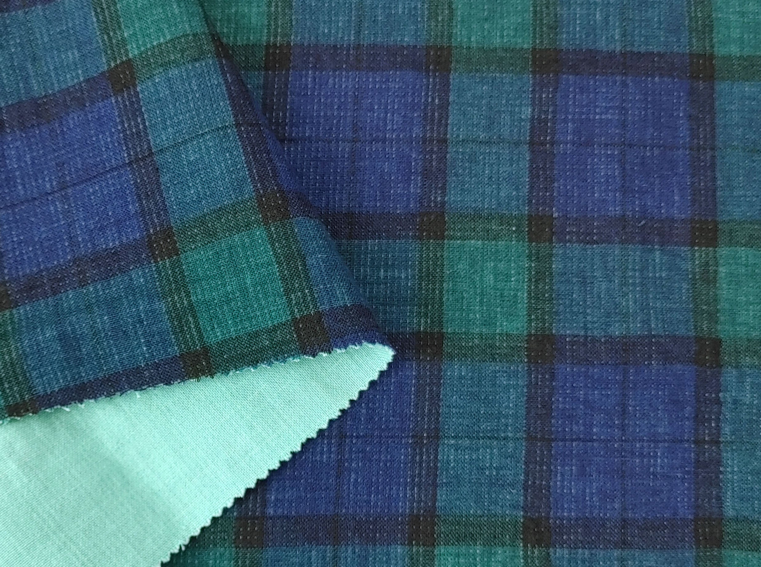 Unique Double-Face Linen-Cotton Fabric – Green Plaid with Light Green Reverse 7558