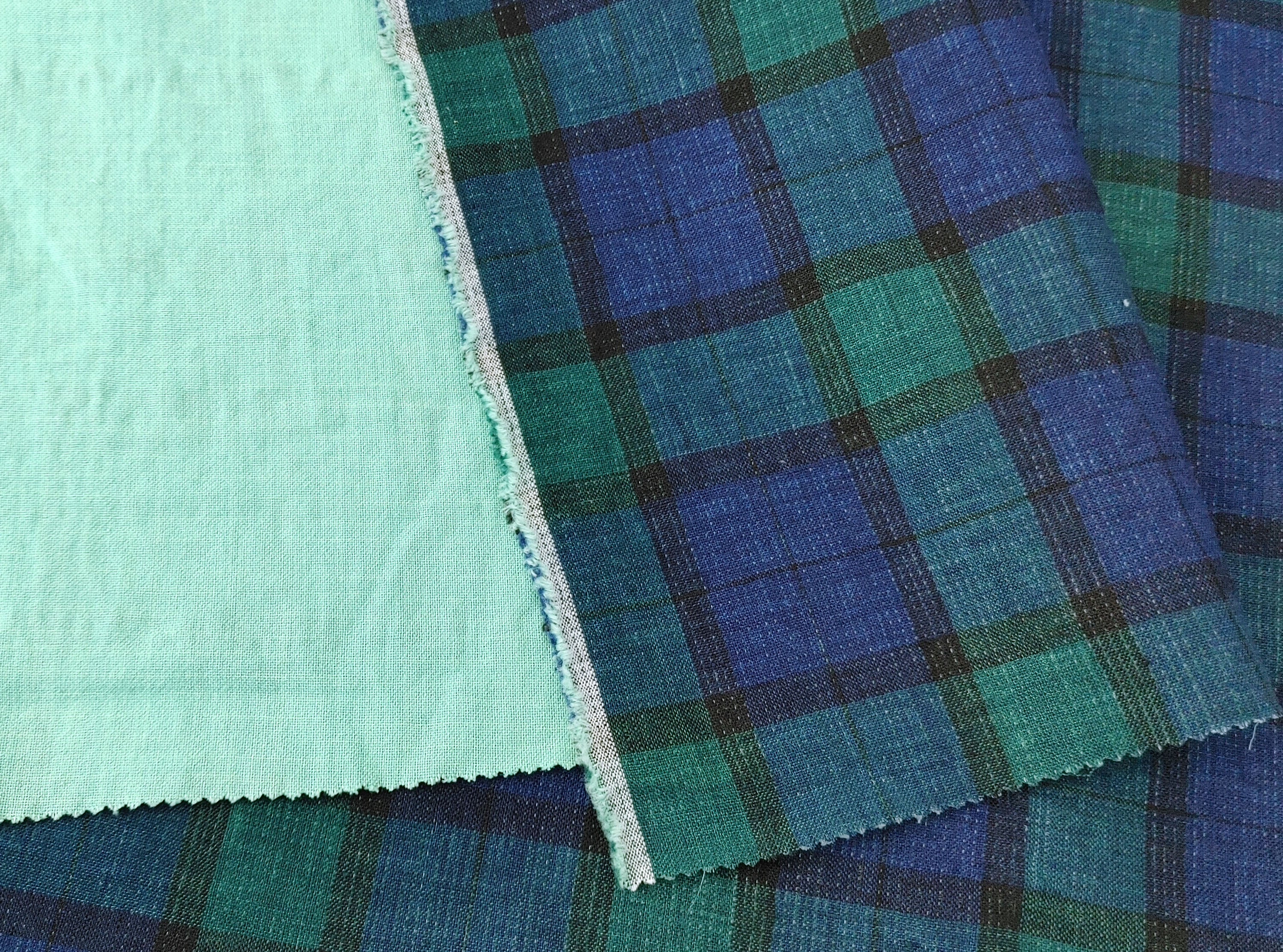 Unique Double-Face Linen-Cotton Fabric – Green Plaid with Light Green Reverse 7558