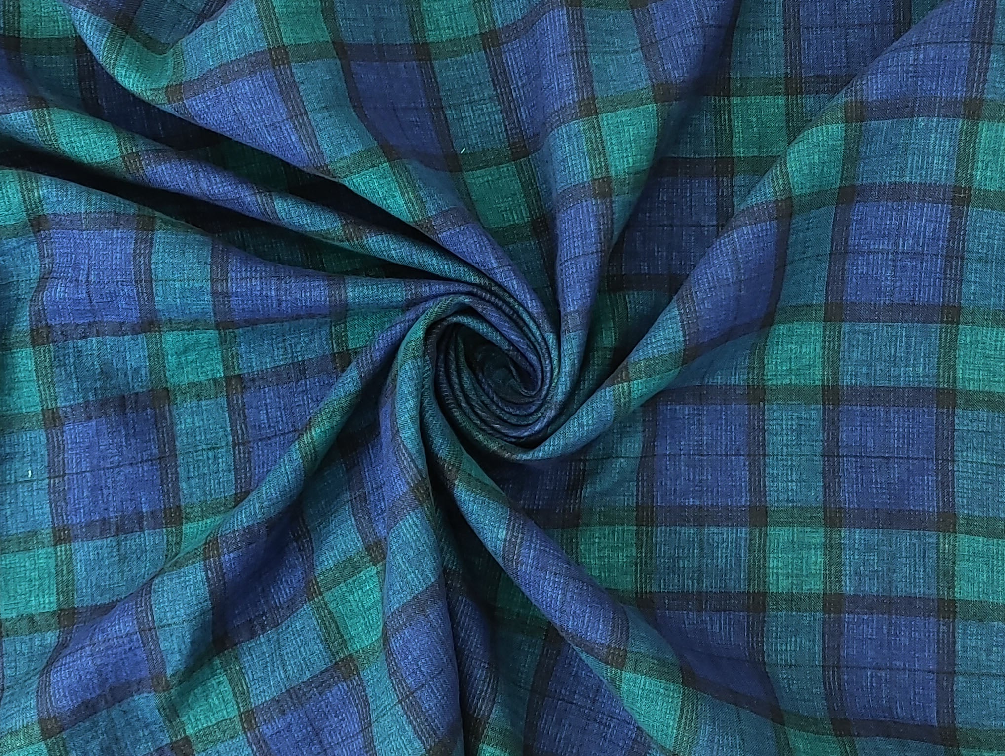 Unique Double-Face Linen-Cotton Fabric – Green Plaid with Light Green Reverse 7558