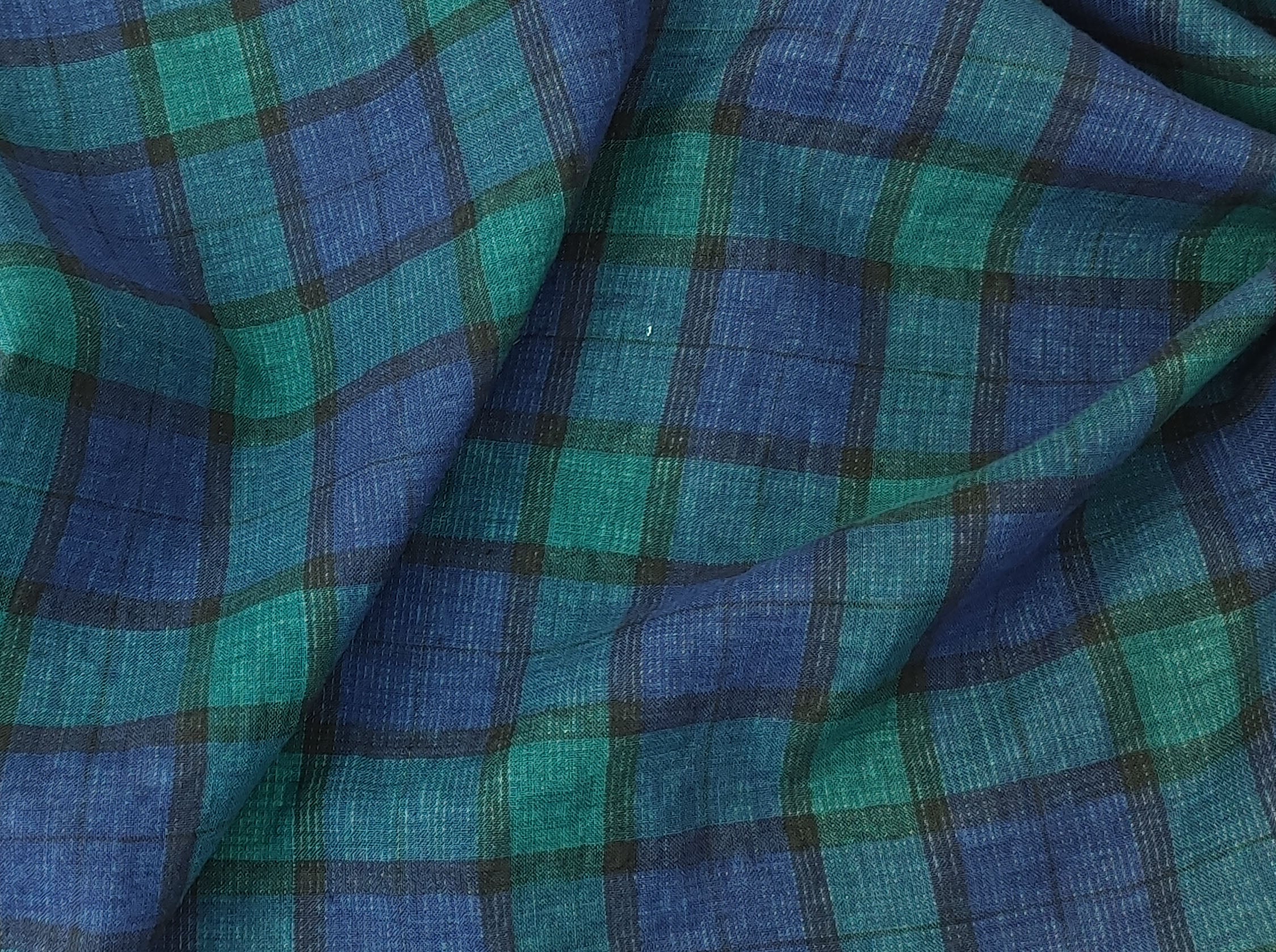 Unique Double-Face Linen-Cotton Fabric – Green Plaid with Light Green Reverse 7558