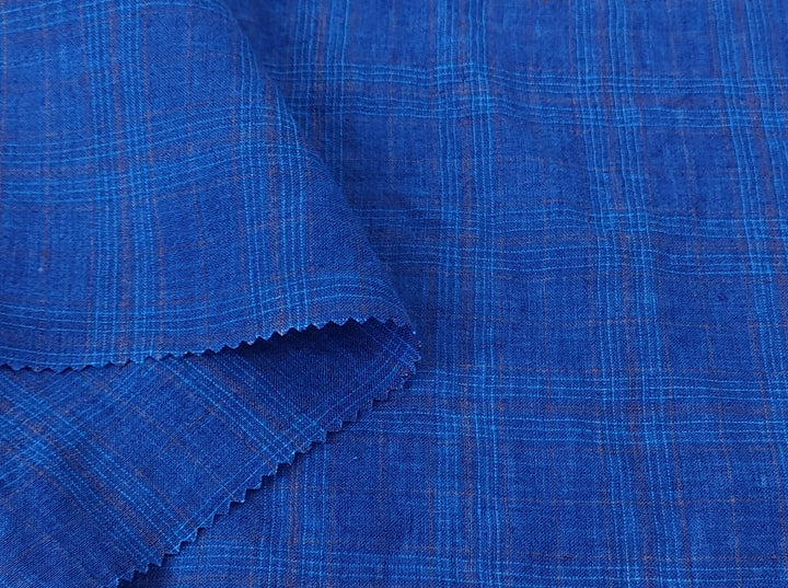 Vintage Delavé Deep Blue 100% Linen – Subtle Plaid, Crisp & Cool Feel 8026