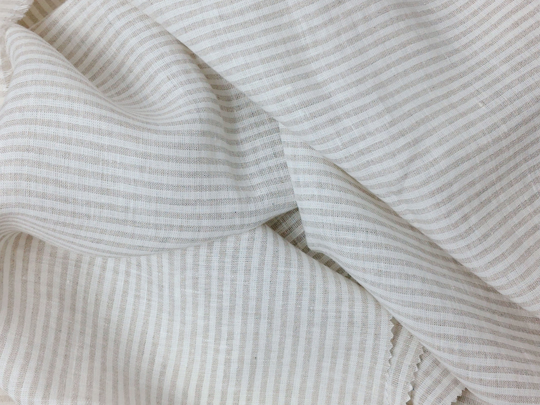 100% Linen Fabric with Light Beige Horizontal Stripes 7883
