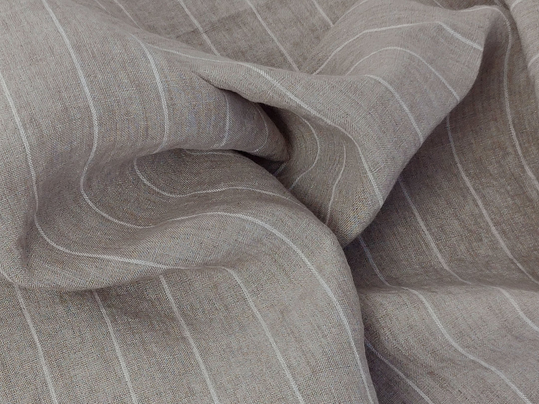 100% Linen Fabric - Natural with White Pin Stripes, Medium Weight, Soft Touch 7975