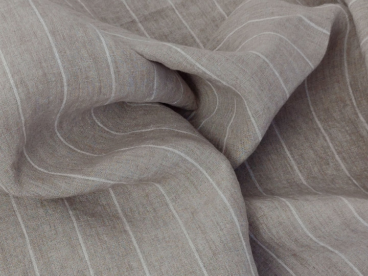 100% Linen Fabric - Natural with White Pin Stripes, Medium Weight, Soft Touch 7975