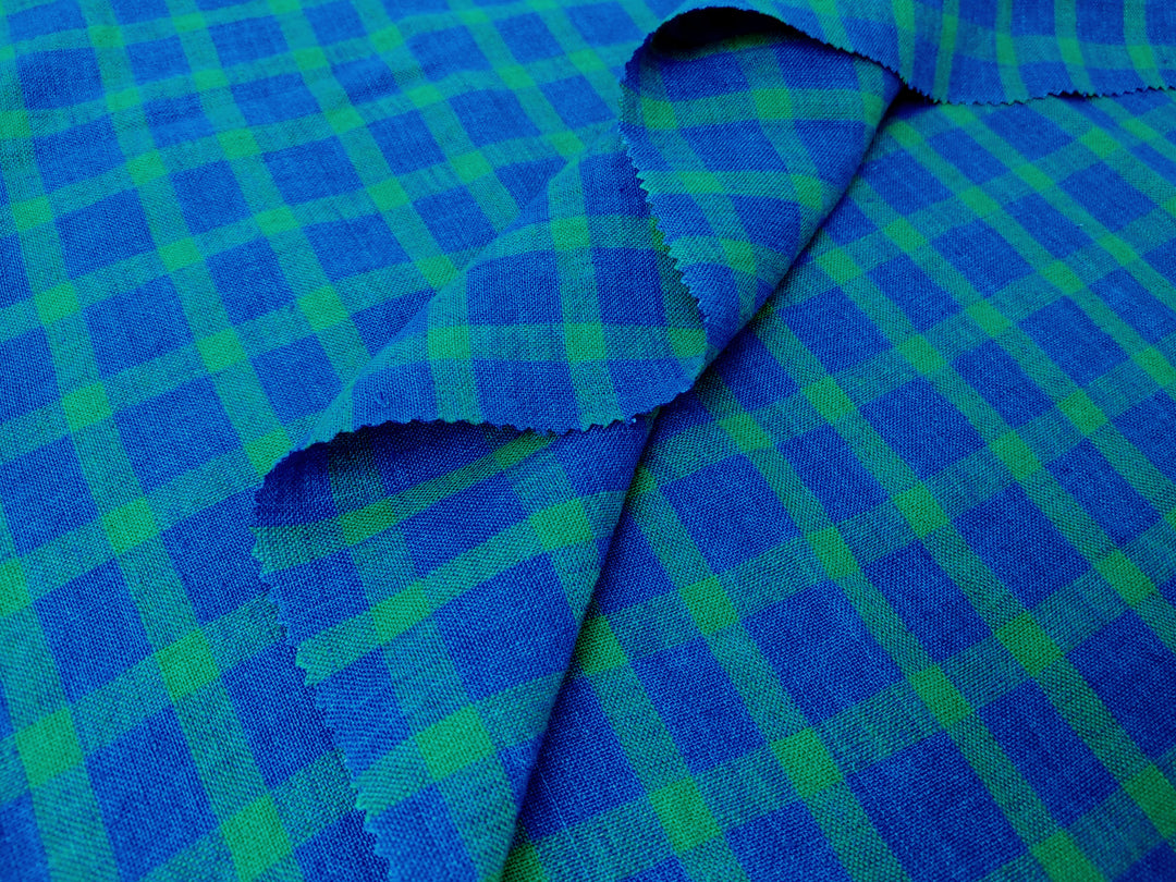 100% Linen Blue-Green Gingham Check Fabric – Vintage Delave Dyed 7567