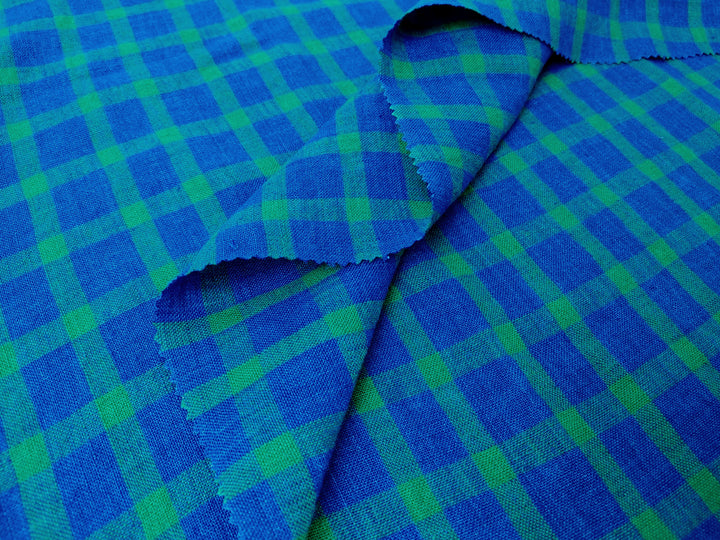 100% Linen Blue-Green Gingham Check Fabric – Vintage Delave Dyed 7567