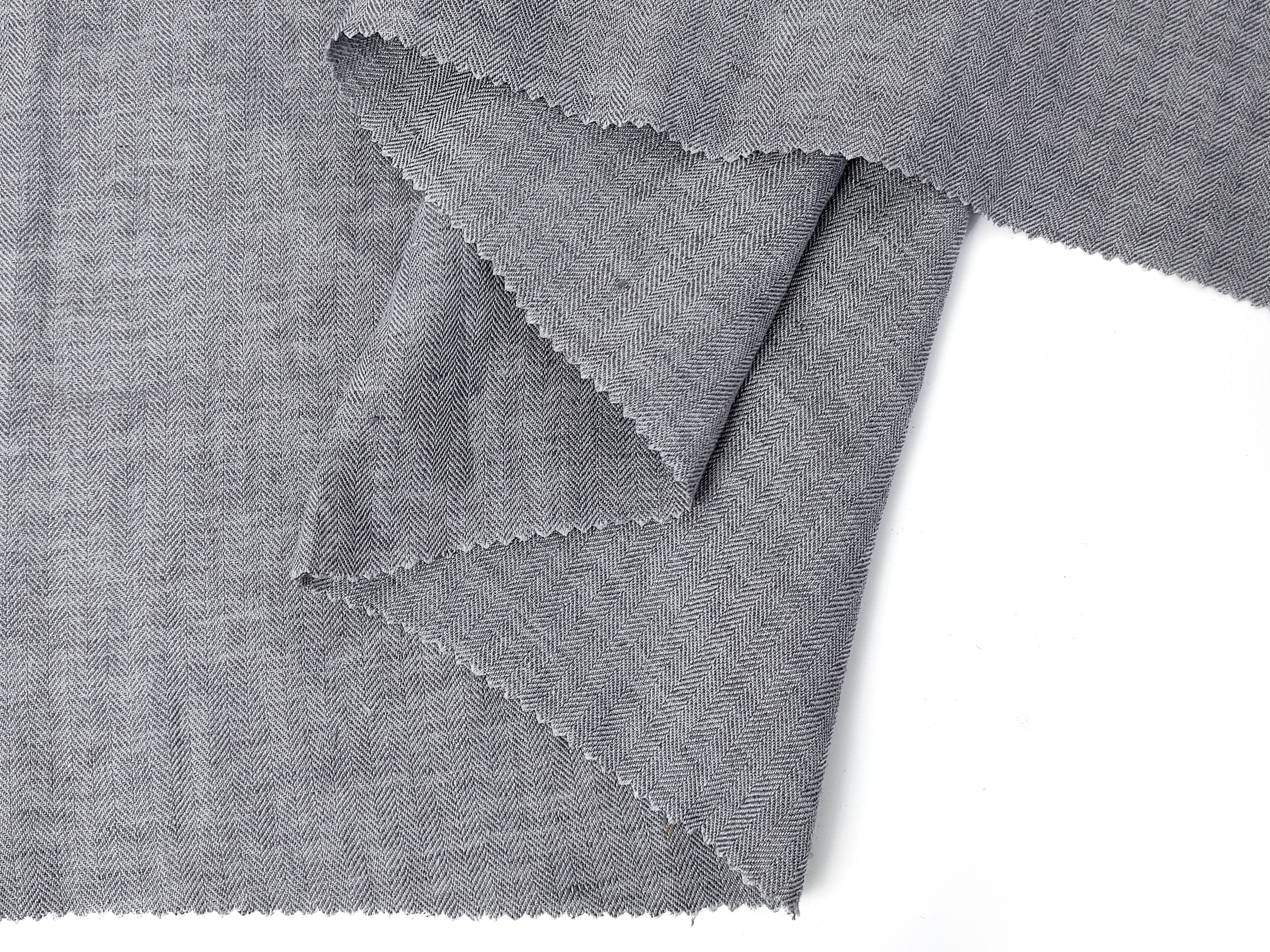 100% Linen Grey Chambray Herringbone Twill Fabric – Soft, Medium Weight 7976