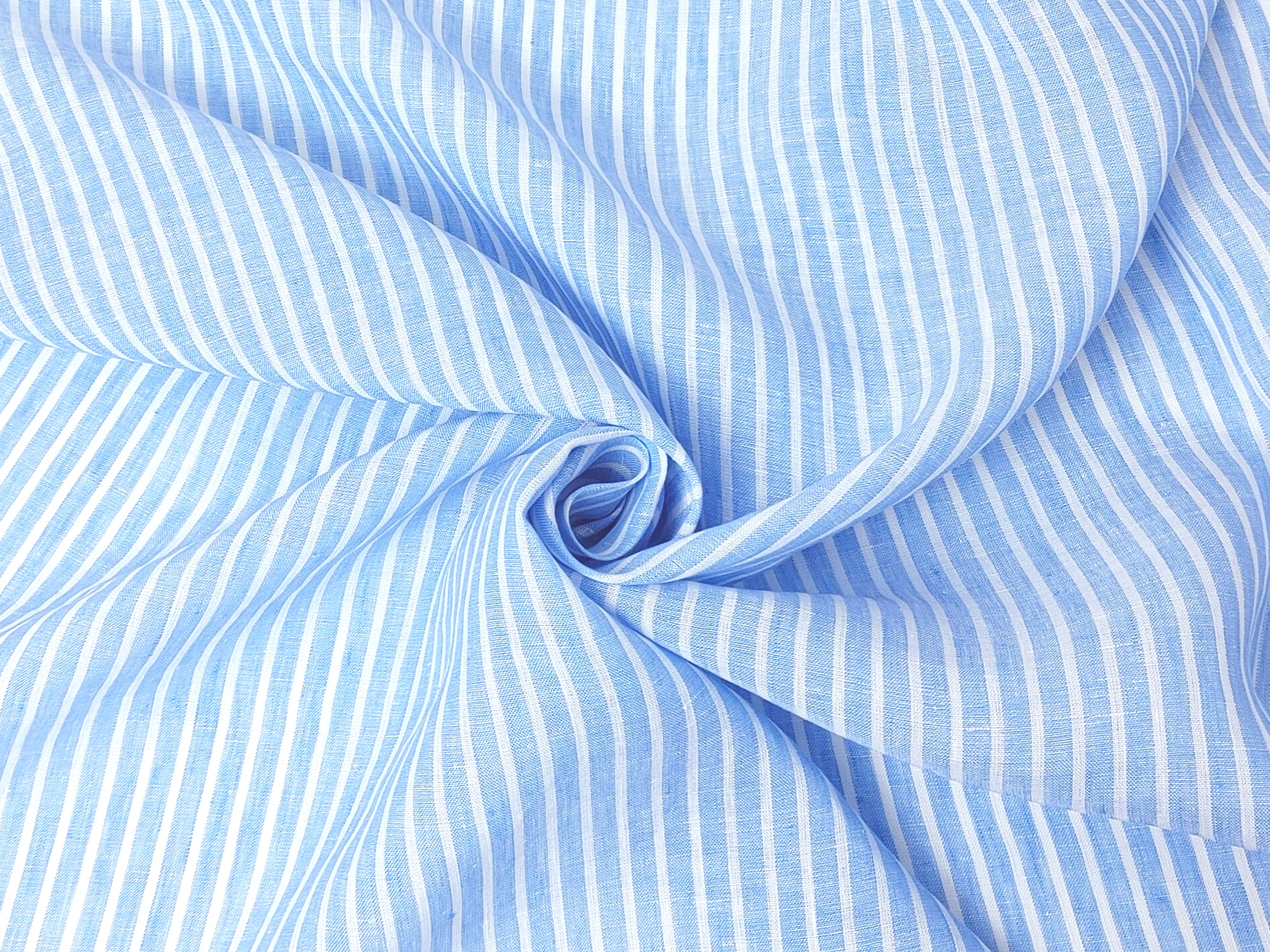 100% Linen Blue Striped Fabric: Lightweight and Soft with Pre-Washed Finish 8086