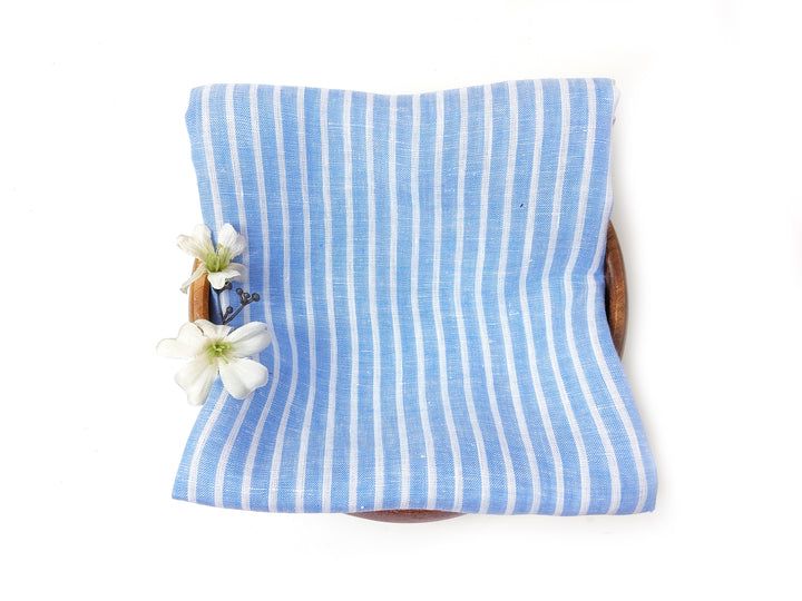 100% Linen Blue Striped Fabric: Lightweight and Soft with Pre-Washed Finish 8086