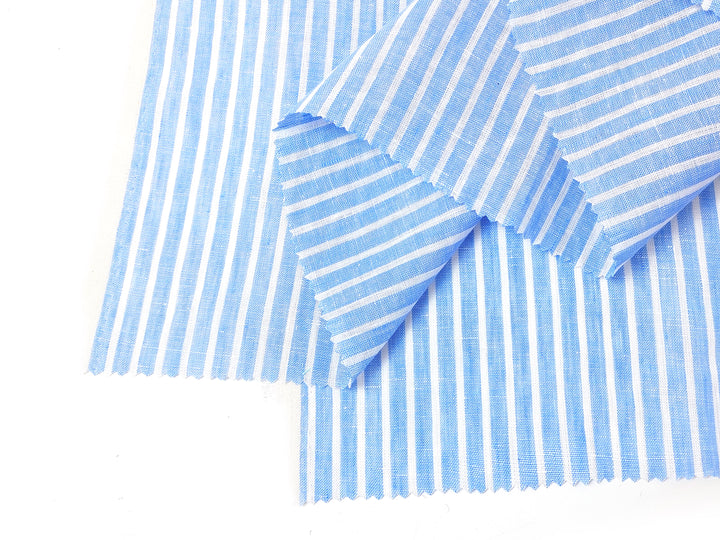 100% Linen Blue Striped Fabric: Lightweight and Soft with Pre-Washed Finish 8086