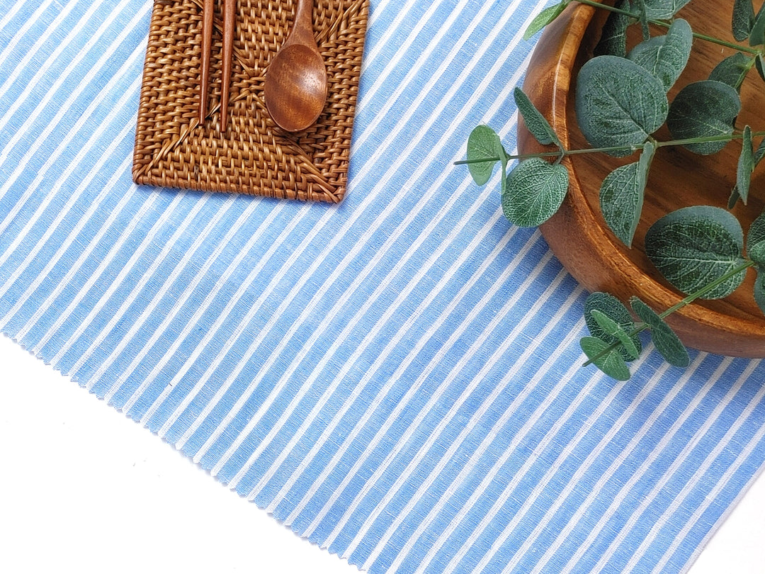 100% Linen Blue Striped Fabric: Lightweight and Soft with Pre-Washed Finish 8086