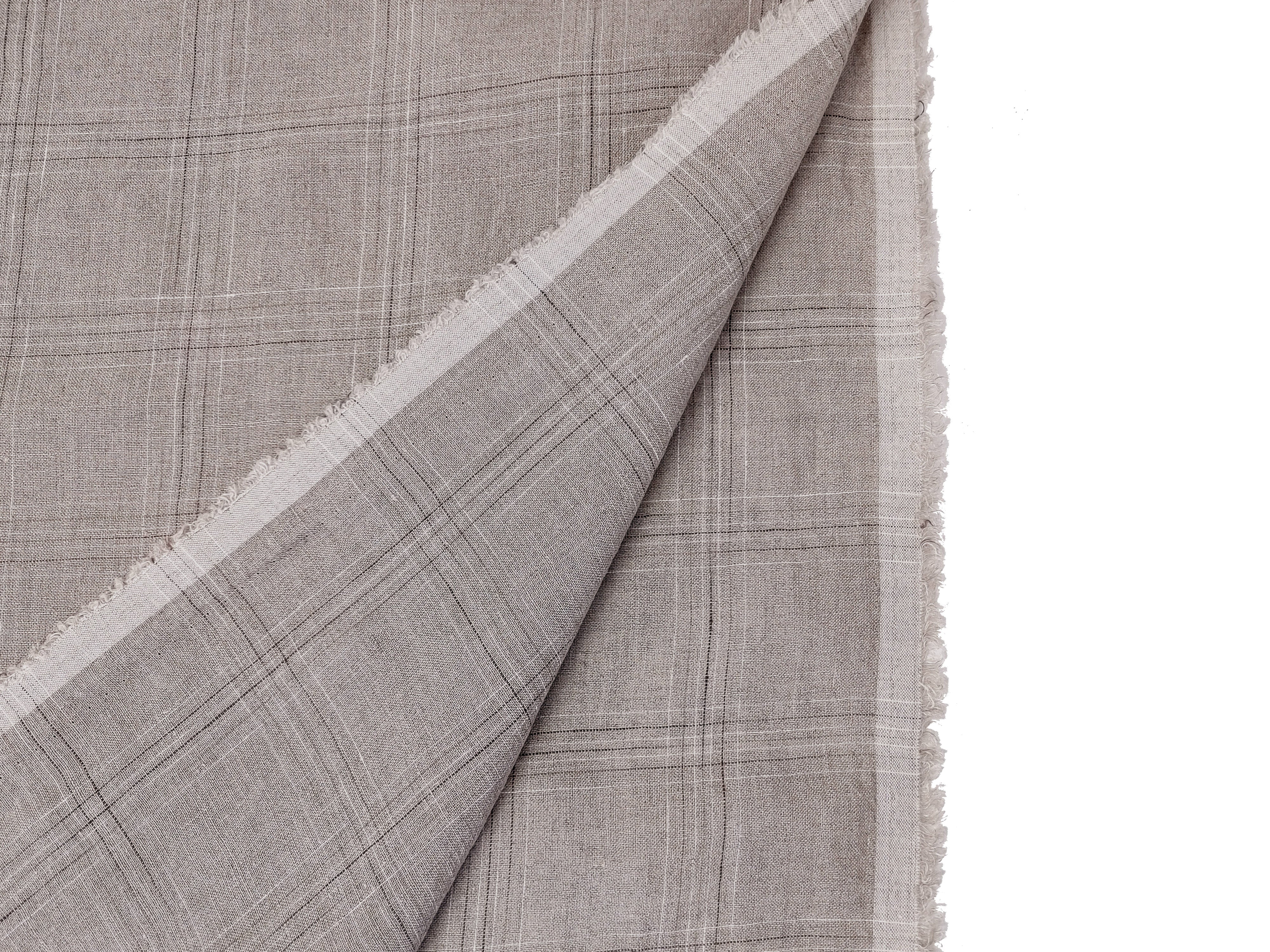 100% Linen Fabric – Natural Windowpane Check with Space-Dyed Yarns in Brown and White 8110