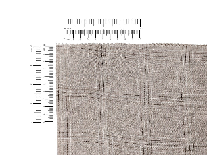 100% Linen Fabric – Natural Windowpane Check with Space-Dyed Yarns in Brown and White 8110