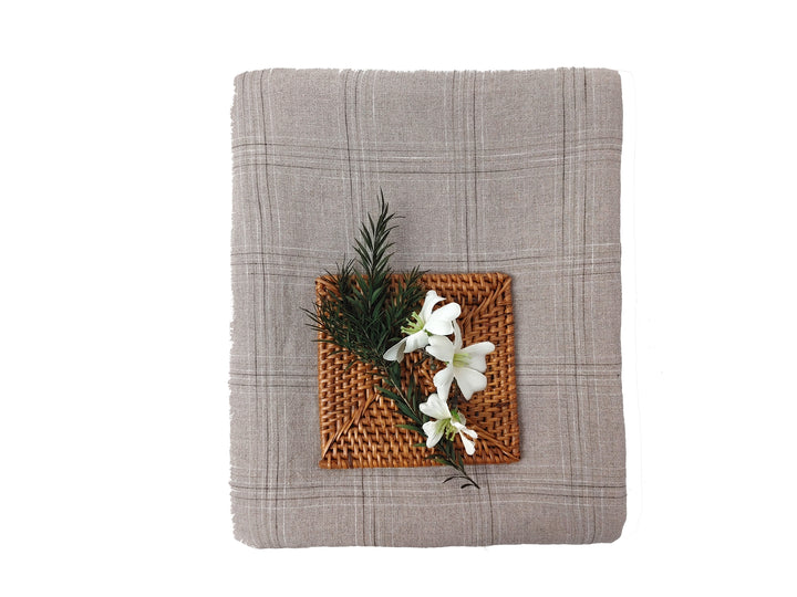 100% Linen Fabric – Natural Windowpane Check with Space-Dyed Yarns in Brown and White 8110