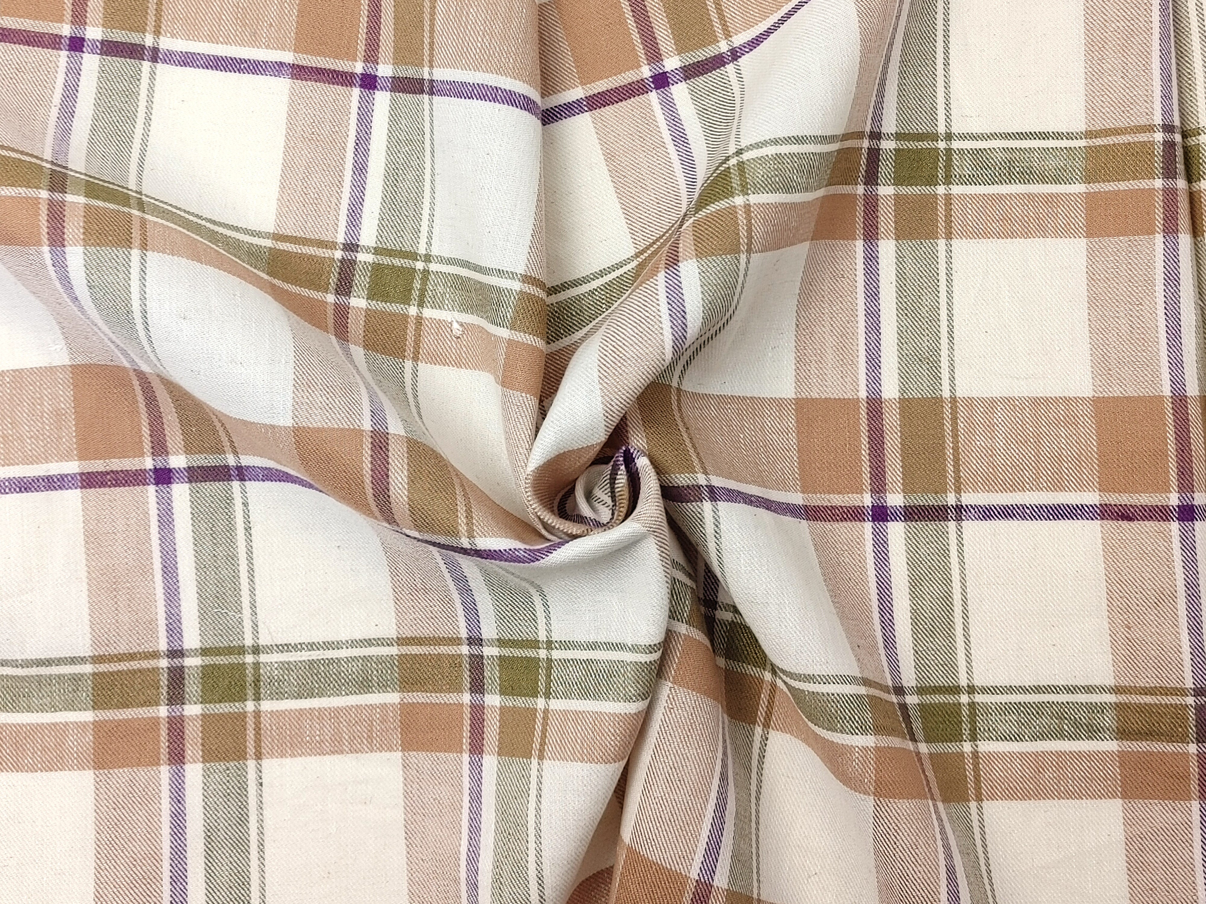 Linen-Cotton Beige Tartan Plaid Fabric, Twill Weave, Soft Finish, 4215