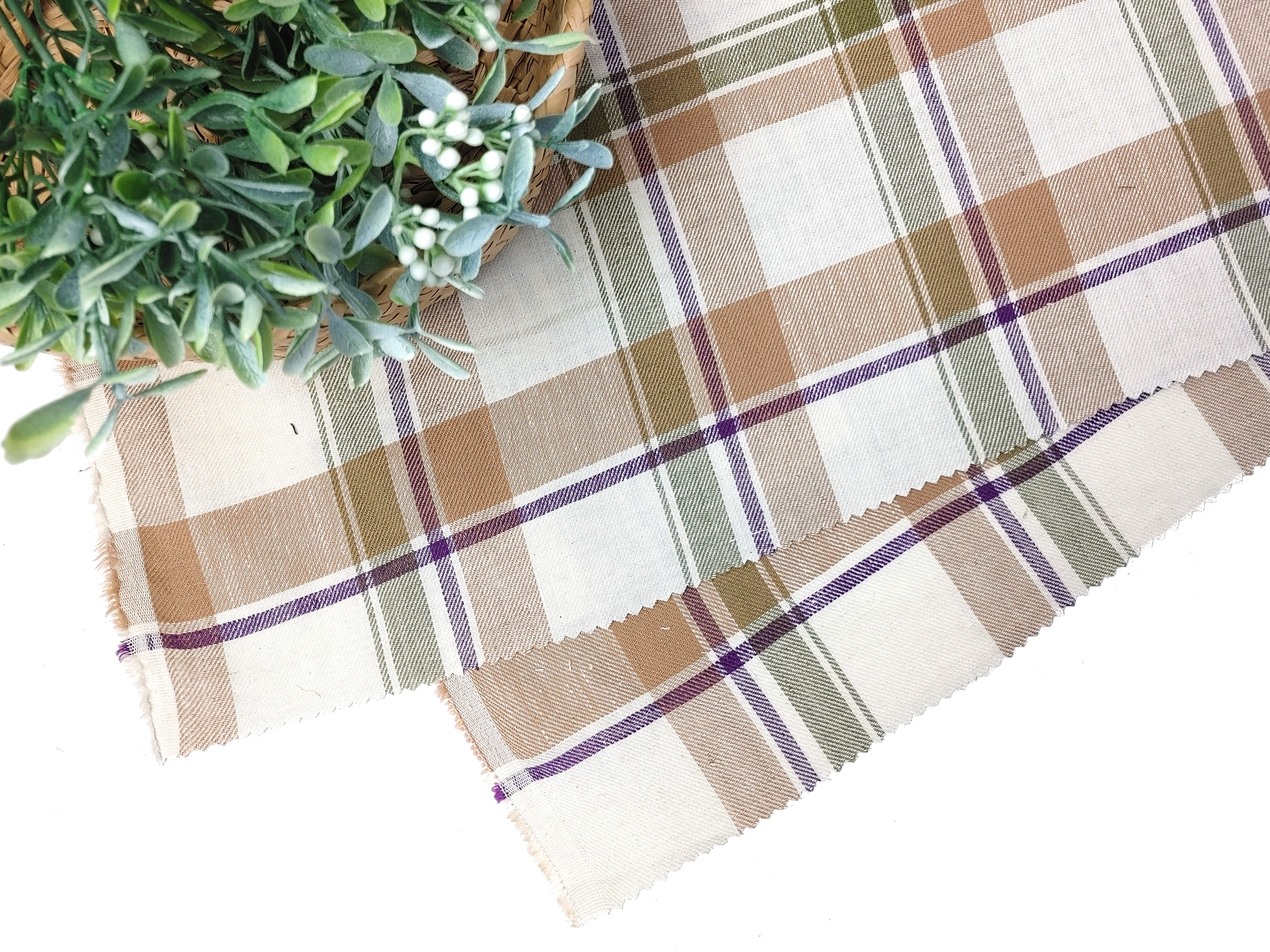 Linen-Cotton Beige Tartan Plaid Fabric, Twill Weave, Soft Finish, 4215