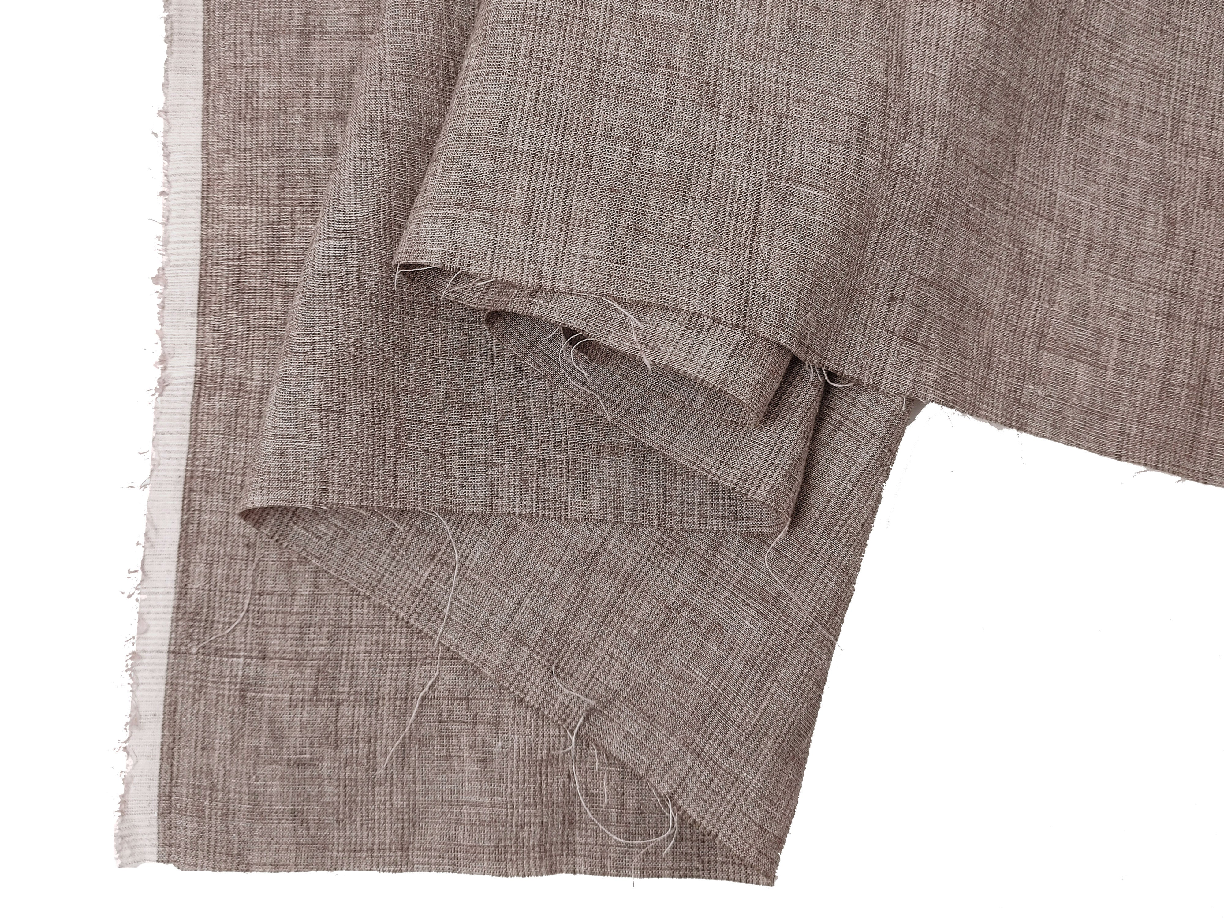 100% Linen Fabric – Subtle Glen Plaid in Beige, Pre-Washed for Softness 8108 8109