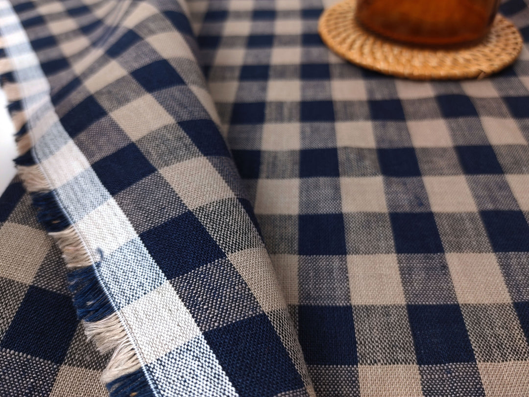 Classic Beige and Navy Gingham Check 100% Linen Fabric – Light to Medium Weight 8153