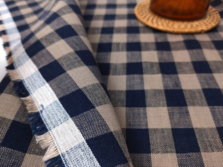 Classic Beige and Navy Gingham Check 100% Linen Fabric – Light to Medium Weight 8153