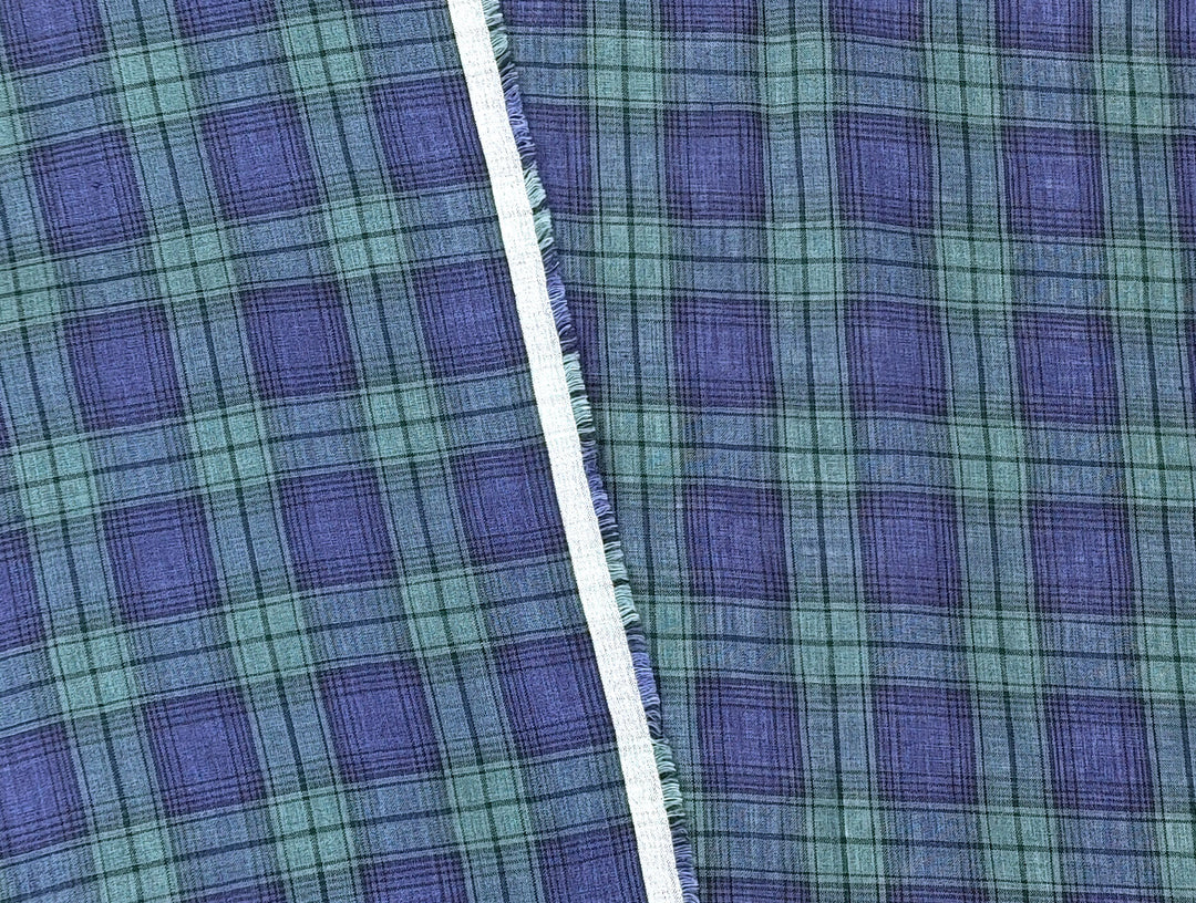100% Linen Fabric – Modern Tartan Plaid in Navy & Green | Soft & Pre-Washed 7274