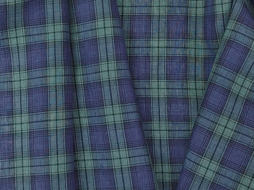 100% Linen Fabric – Modern Tartan Plaid in Navy & Green | Soft & Pre-Washed 7274
