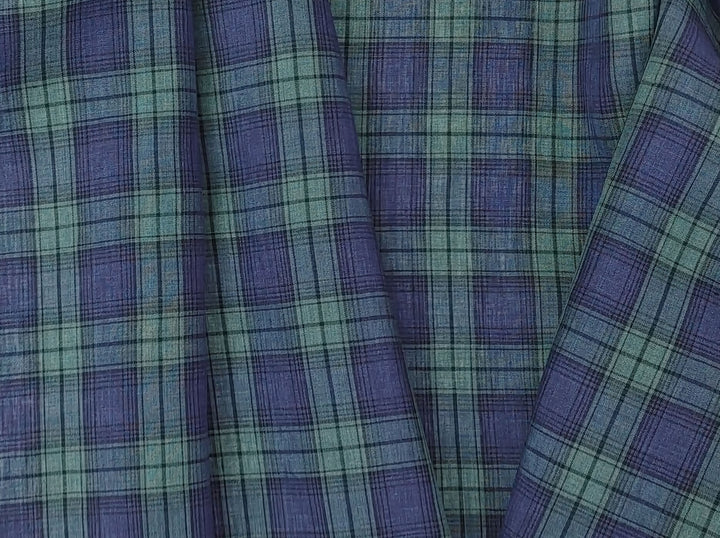 100% Linen Fabric – Modern Tartan Plaid in Navy & Green | Soft & Pre-Washed 7274