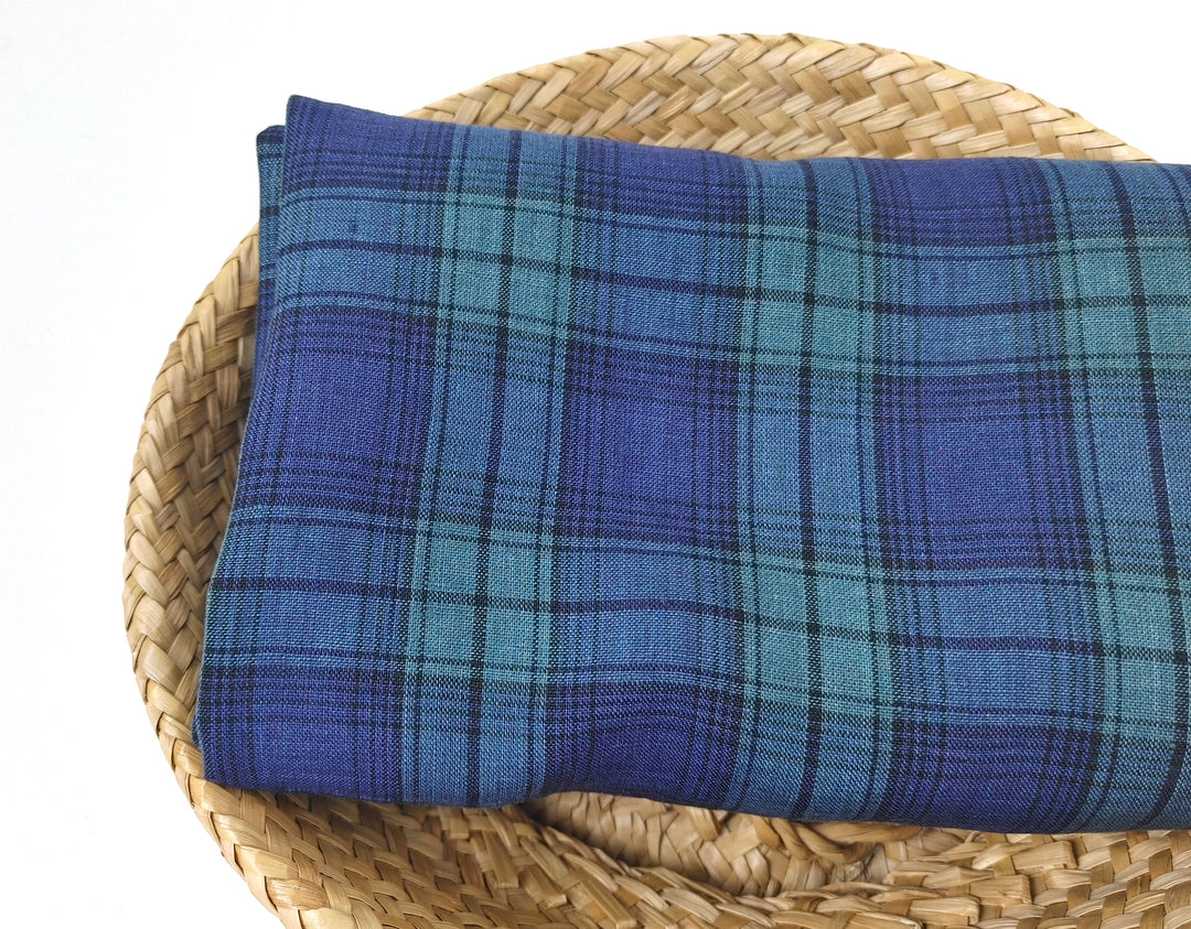 100% Linen Fabric – Modern Tartan Plaid in Navy & Green | Soft & Pre-Washed 7274