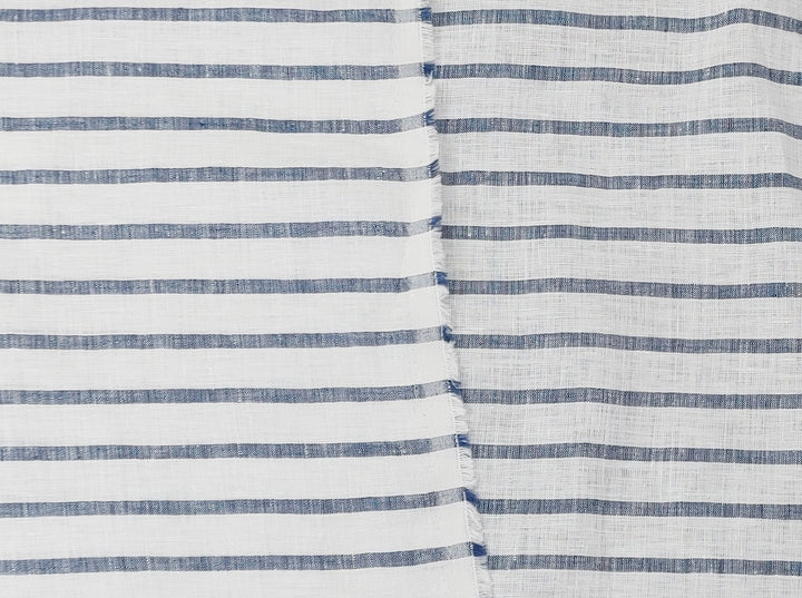 100% Linen Fabric – White Base with Horizontal Navy Stripes, Lightweight & Soft 4597