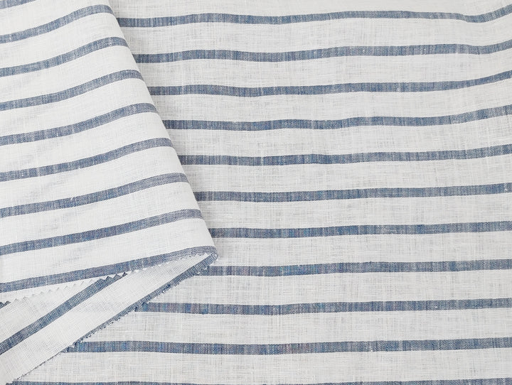 100% Linen Fabric – White Base with Horizontal Navy Stripes, Lightweight & Soft 4597