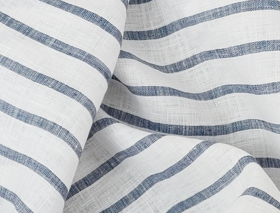 100% Linen Fabric – White Base with Horizontal Navy Stripes, Lightweight & Soft 4597