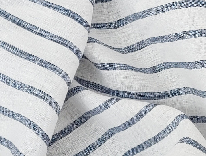 100% Linen Fabric – White Base with Horizontal Navy Stripes, Lightweight & Soft 4597