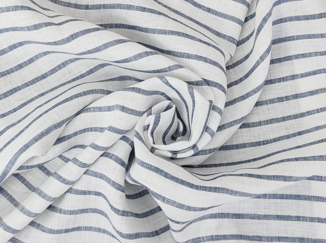 100% Linen Fabric – White Base with Horizontal Navy Stripes, Lightweight & Soft 4597
