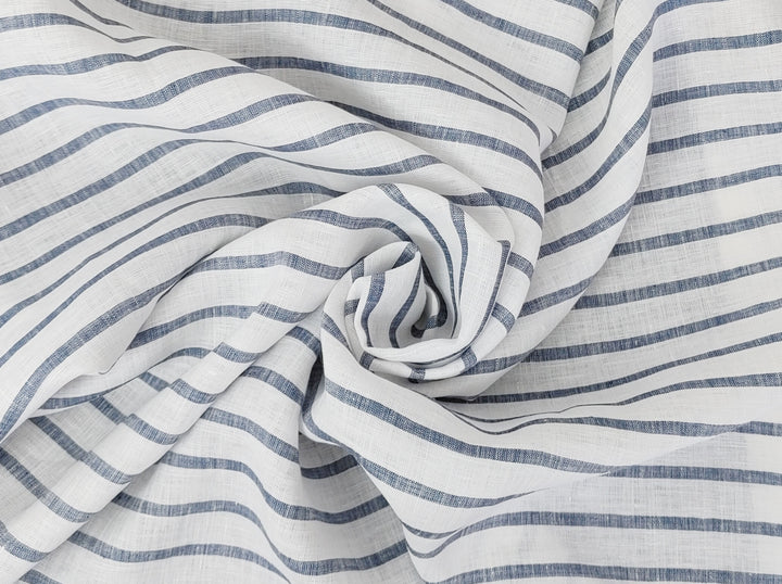 100% Linen Fabric – White Base with Horizontal Navy Stripes, Lightweight & Soft 4597