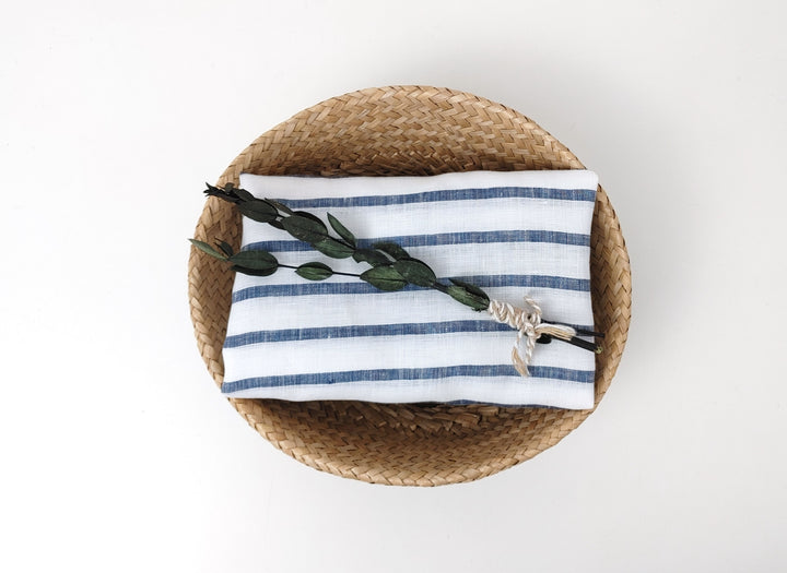 100% Linen Fabric – White Base with Horizontal Navy Stripes, Lightweight & Soft 4597