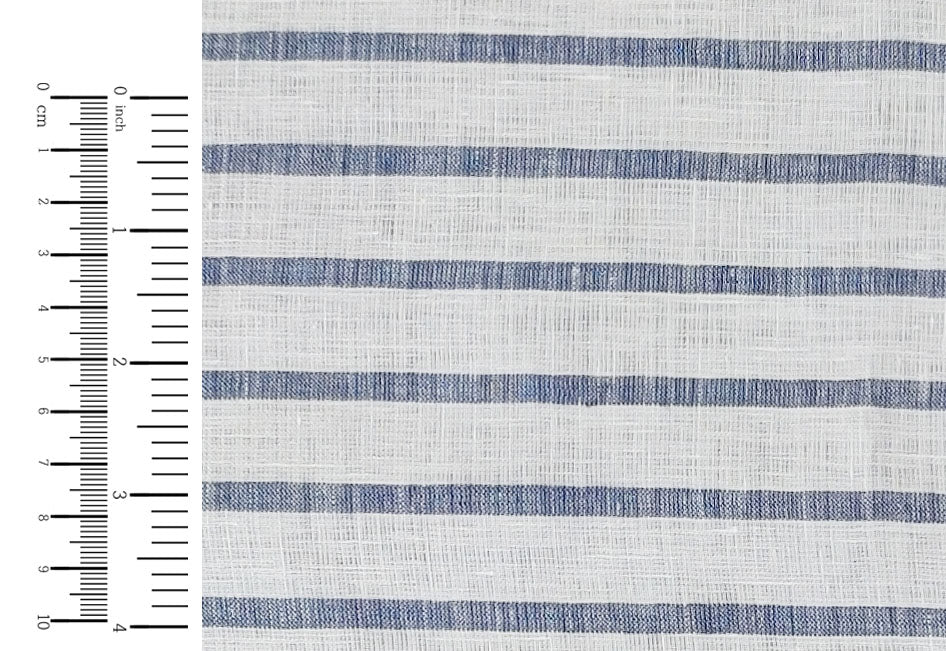 100% Linen Fabric – White Base with Horizontal Navy Stripes, Lightweight & Soft 4597